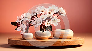 Bouquet of cherry blossoms in vases on a wooden stand closeup