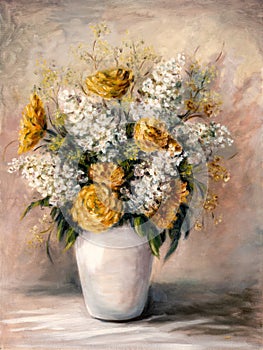 Bouquet of Chrysanthemum and Lilacs Flowers Still Life Oil Painting