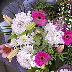 The Bouquet of chrysanthemums, gerberas, chamomiles in paper packing