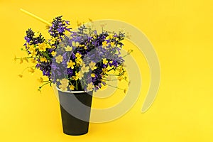 Bouquet of colored flowers in black paper coffee cup with cocktail straw on yellow background. Copy space Mockup Template for