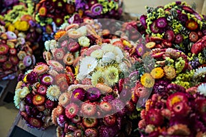 Bouquet of colored flowers in market. photo