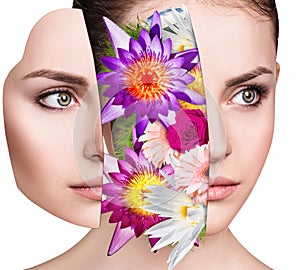 Bouquet of colorful flowers inside young woman`s face.