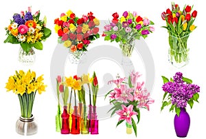 Bouquet of colorful flowers. tulips, roses, lilac, narcissus, li