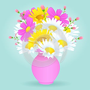 Bouquet of colorful flowers in the vase, vector drawing. Bright meadow buds yellow and white chamomile and pink flowers in pastel