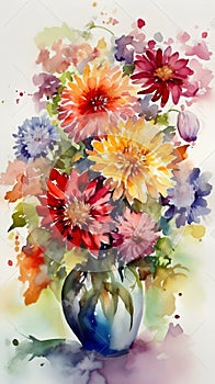 Bouquet of colorful flowers in vase, watercolor painting