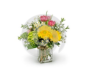 Bouquet of colorful flowers in Vase with yellow Daisies, Tulips, Aster - Flower Arrangement by florist