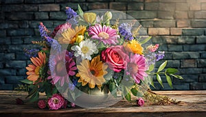 Bouquet of colorful flowers on wooden table against brick wall background. Beautiful floral composition