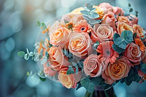 Bouquet of colorful gerberas and eucalyptus on blur background close up.