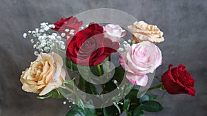 Bouquet of colorful roses on a gray background