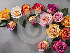 Bouquet of colorful roses on grey background.