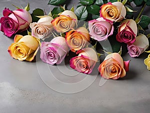 Bouquet of colorful roses on grey background.