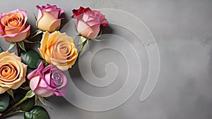 Bouquet of colorful roses on grey background.