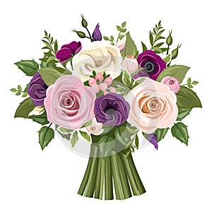 Bouquet of colorful roses and lisianthus flowers. Vector illustration.