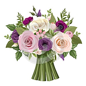 Bouquet of colorful roses and lisianthus flowers. Vector illustration. photo