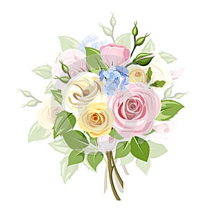 Bouquet of colorful roses, lisianthus and lilac flowers. Vector illustration.