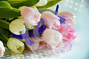 A bouquet of colorful tulips. beautiful spring flowers. background for decoration for the Easter holiday.