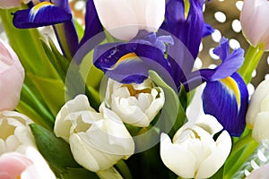 A bouquet of colorful tulips. beautiful spring flowers. background for decoration for the Easter holiday.