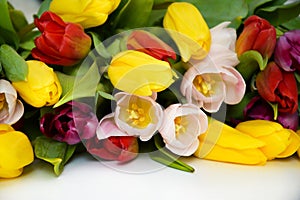 A bouquet of colorful tulips. beautiful spring flowers. background for decoration for the Easter holiday.