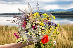 A bouquet of colorful wildflowers in hand