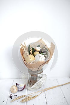 Bouquet colors hand fruits vegatables background bank