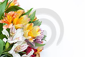 Bouquet of colourful flowers alstroemeria on white background. Flat lay. Horizontal. Mockup with copy space for greeting card