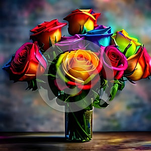 Bouquet of colourful roses, in rainbow colours, LGBTQ+ concept