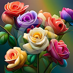 Bouquet of colourful roses, in rainbow colours, LGBTQ+ concept