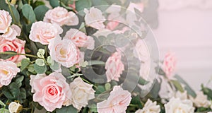 Bouquet composition with beautiful roses in a gift box. Wedding background, postcard with space for text