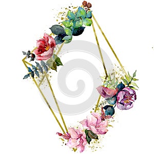 Bouquet composition floral botanical flowers. Watercolor background illustration set. Frame border ornament square.