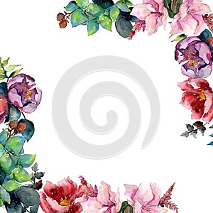 Bouquet composition floral botanical flowers. Watercolor background illustration set. Frame border ornament square.