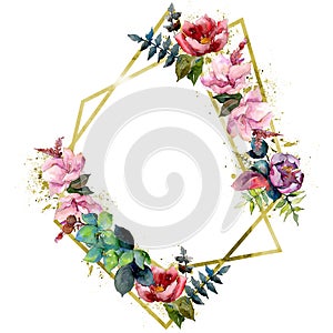 Bouquet composition floral botanical flowers. Watercolor background illustration set. Frame border ornament square.