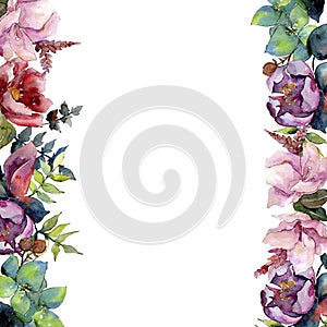 Bouquet composition floral botanical flowers. Watercolor background illustration set. Frame border ornament square.