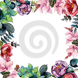 Bouquet composition floral botanical flowers. Watercolor background illustration set. Frame border ornament square.