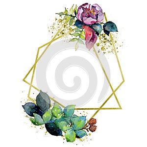 Bouquet composition floral botanical flowers. Watercolor background illustration set. Frame border ornament square.