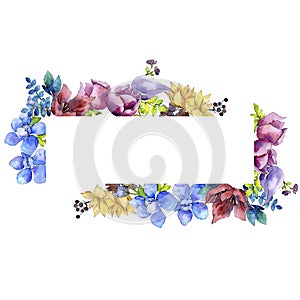 Bouquet composition floral botanical flowers. Watercolor background illustration set. Frame border ornament square.