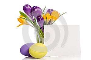 Bouquet from crocus flowers in vase and easter eggs