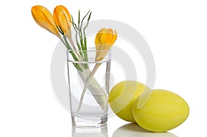 Bouquet from crocus flowers in vase and easter eggs