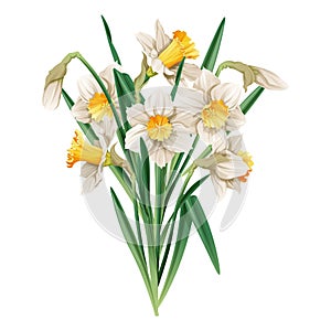 Bouquet of daffodils on an isolated background. Illustration of spring flowers. Decor for Easter,