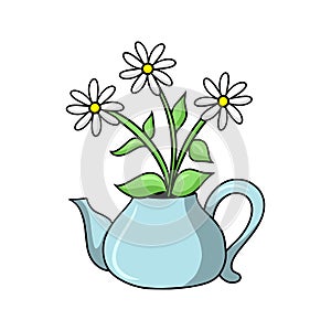 Bouquet of daisies in a round blue teapot, decor, vector cartoon