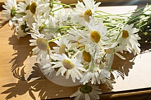 Bouquet with daisies on a wooden windowsill