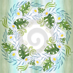 A bouquet of daisy flowers - flowers, leaves on watercolor background.