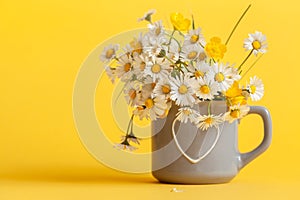 Bouquet of daisy flowers in gray cup on yellow background. Spring still life with little chamomile