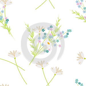 Bouquet of the daisy, forget me not and chamomile spring flowers. Easter or summer country background, seamless pattern