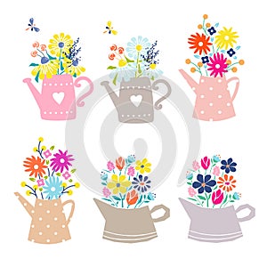 Bouquet of daisy and tulip flowers in a watering can. Cute floral illustration for postcards isolated on white