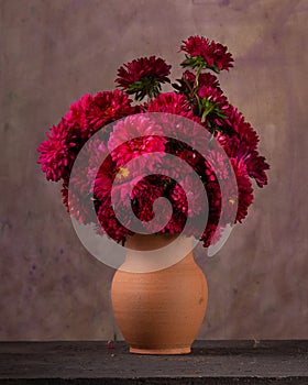 Bouquet of dark red asters in a ceramic jug on a dark background