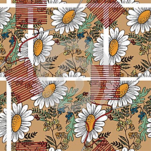 Decorative white big chamomile with different meadow flowers on beige background. Floral seamless pattern.