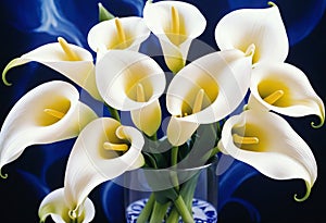 A Bouquet of Delicate Flowers on a Blue Abstract Canvas