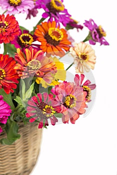 Bouquet from different brights in a basket