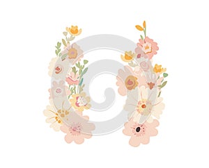Bouquet of different delicate spring flowers with leaves, set of flowering plants in pastel colors for card, decorative