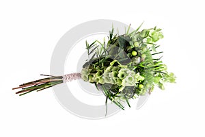 Bouquet from different white seasonal flower and green